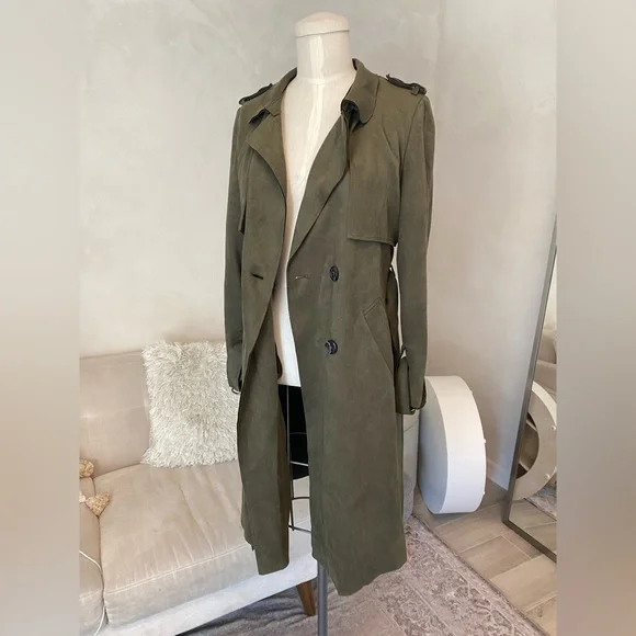 OLIVE GREEN SOFT FAUX SUEDE TRENCH COAT SIZE SMALL - Picture 2 of 13